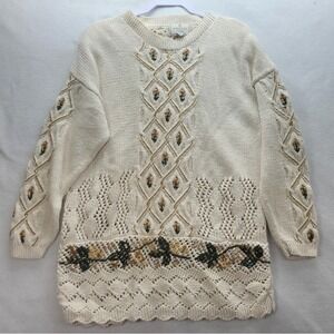 Vintage 90s‎ Express Tricot Hand Knitted Size L Cream Sweater Cottagecore